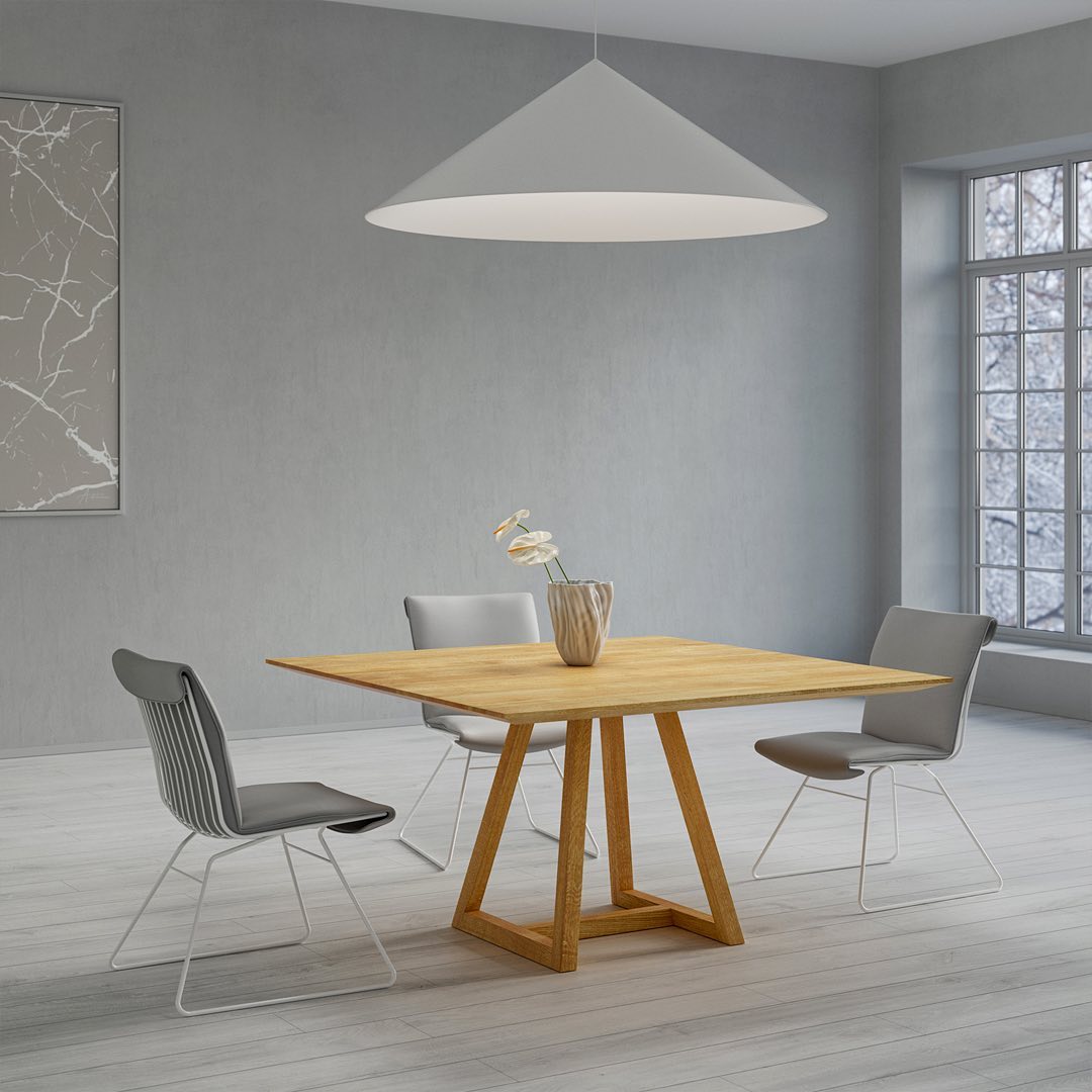 Table MARGO SQUARE in modern and minimalistic dinning room interior by #furnitureproduction @vitamin_design #productdesign @gg_designart #designshowroom #modumshop Design elements have been refined with a clear, minimalistic round or square table top made of solid wood or linoleum, completing the graphical expression. The edge profile is made by individual choice with straight or chamfered edge. Available in 21 linoleum colors and natural treated solid wood: ash, beech, core beech, cherry, maple, oak, knotty oak, walnut, knotty walnut. 
.
#artdecor @annikelimborco
#lighting @wastberglighting 
#chairdesign @de_sede_official